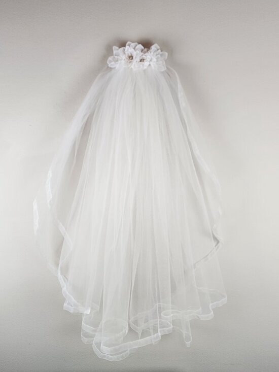 Vintage White Tulle Double Layer Wedding Bridal Veil w/ White Roses Rhinestones